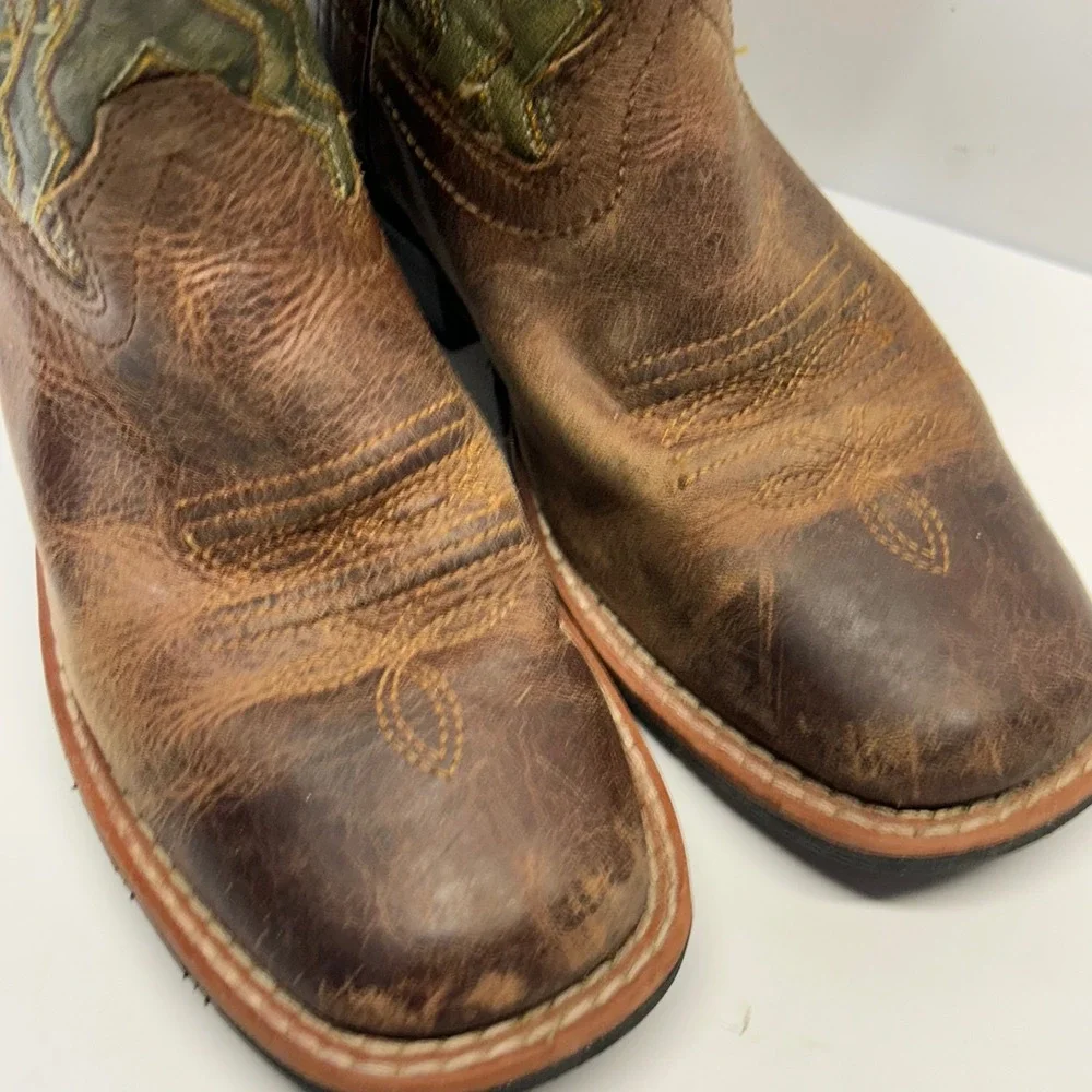 Dan Post Cowboy Boots Brown Green Kids 12 D DPC2946 Western Leather Square Toe